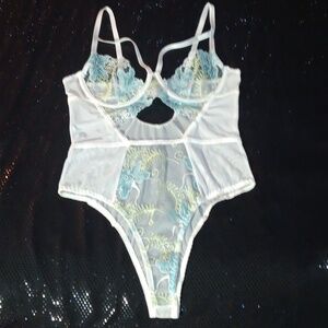 Dolls Kill × Elegant Moments Sheer Embroidered Strappy White Teddy Bodysuit (M)